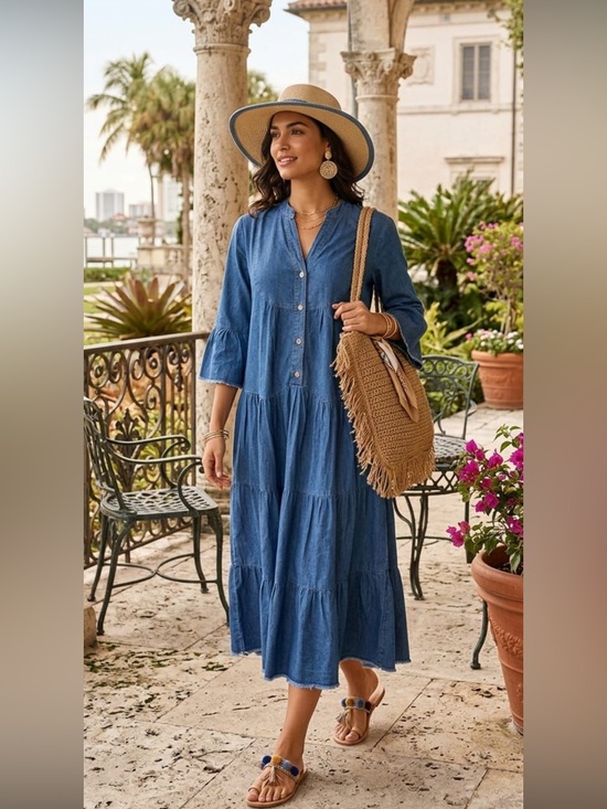 ShopEvelynne Dresses & Skirts - Blue Tiered Button-Front Midi Dress - Women